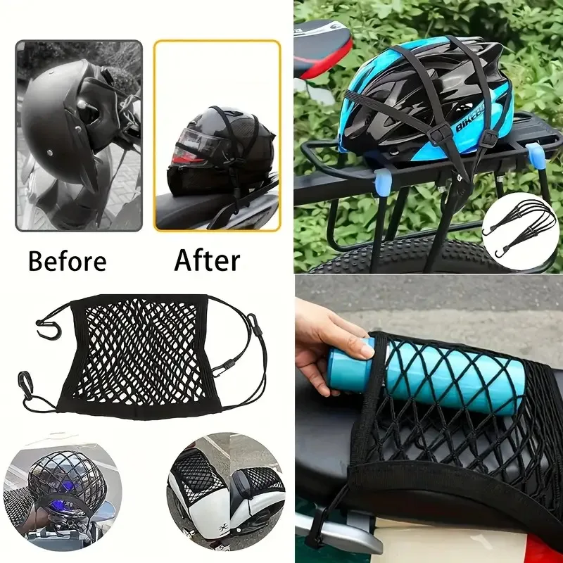 2Pcs/Set Travel and Cycling New Energy Binding Straps, Fixed Net, Elastic Motorcycle and Bicycle Hook Rope/Helmet Net Strap, Elastic Strap, Black Mesh Luggage Organizer, Secure Storage