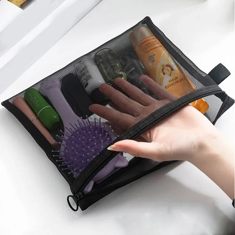 Fashion Small Large Black Organizer Toiletry and Makeup Pouch Transparent Mesh Zipper Cosmetic Bag Women Necessary Organizer