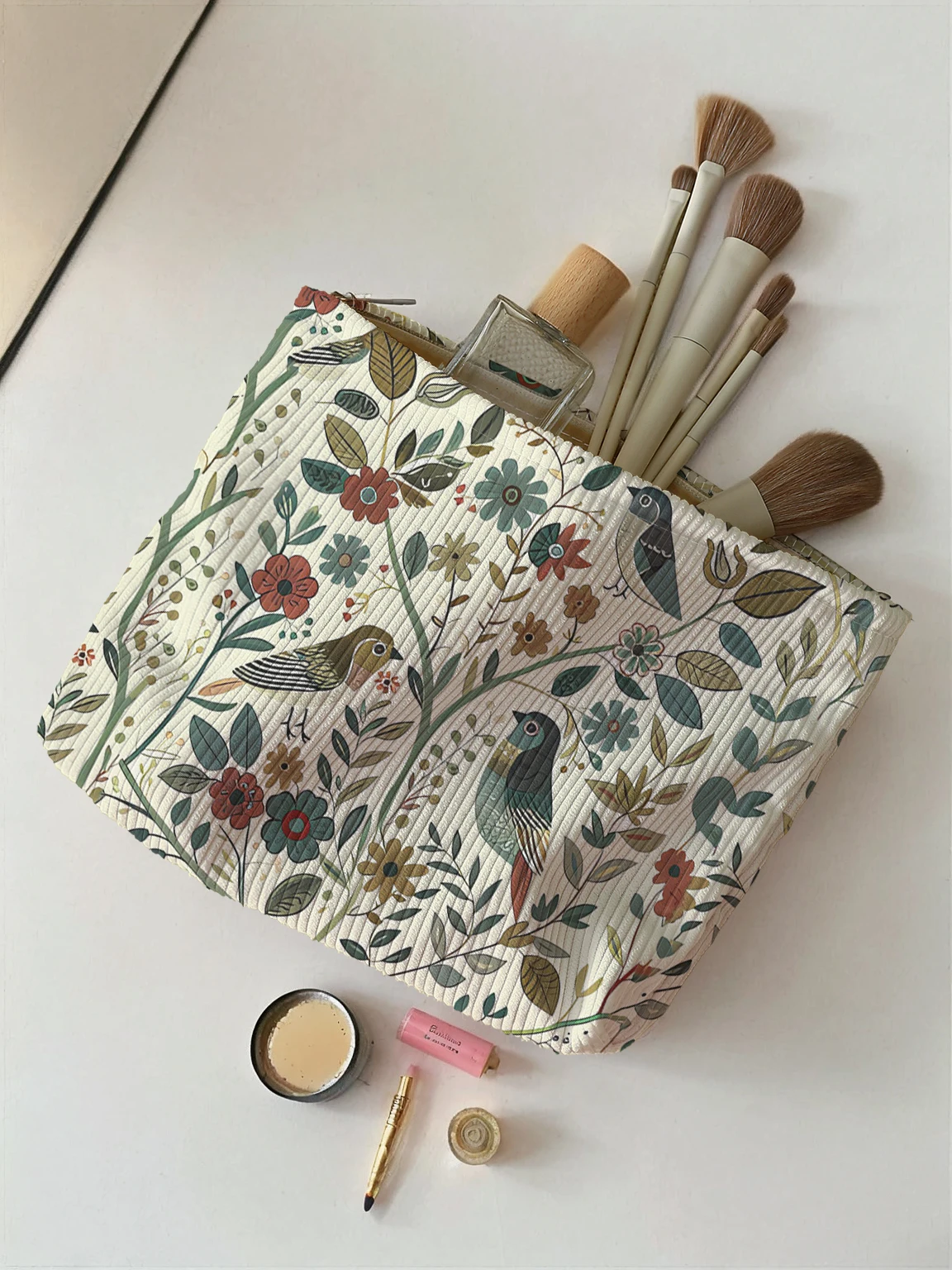 1pc, Branch Bird Pattern Corduroy Zipper Makeup Bag, Lightweight and Multifunctional Cosmetic Storage Bag