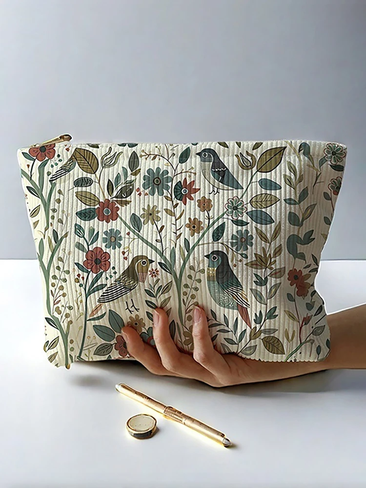 1pc, Branch Bird Pattern Corduroy Zipper Makeup Bag, Lightweight and Multifunctional Cosmetic Storage Bag