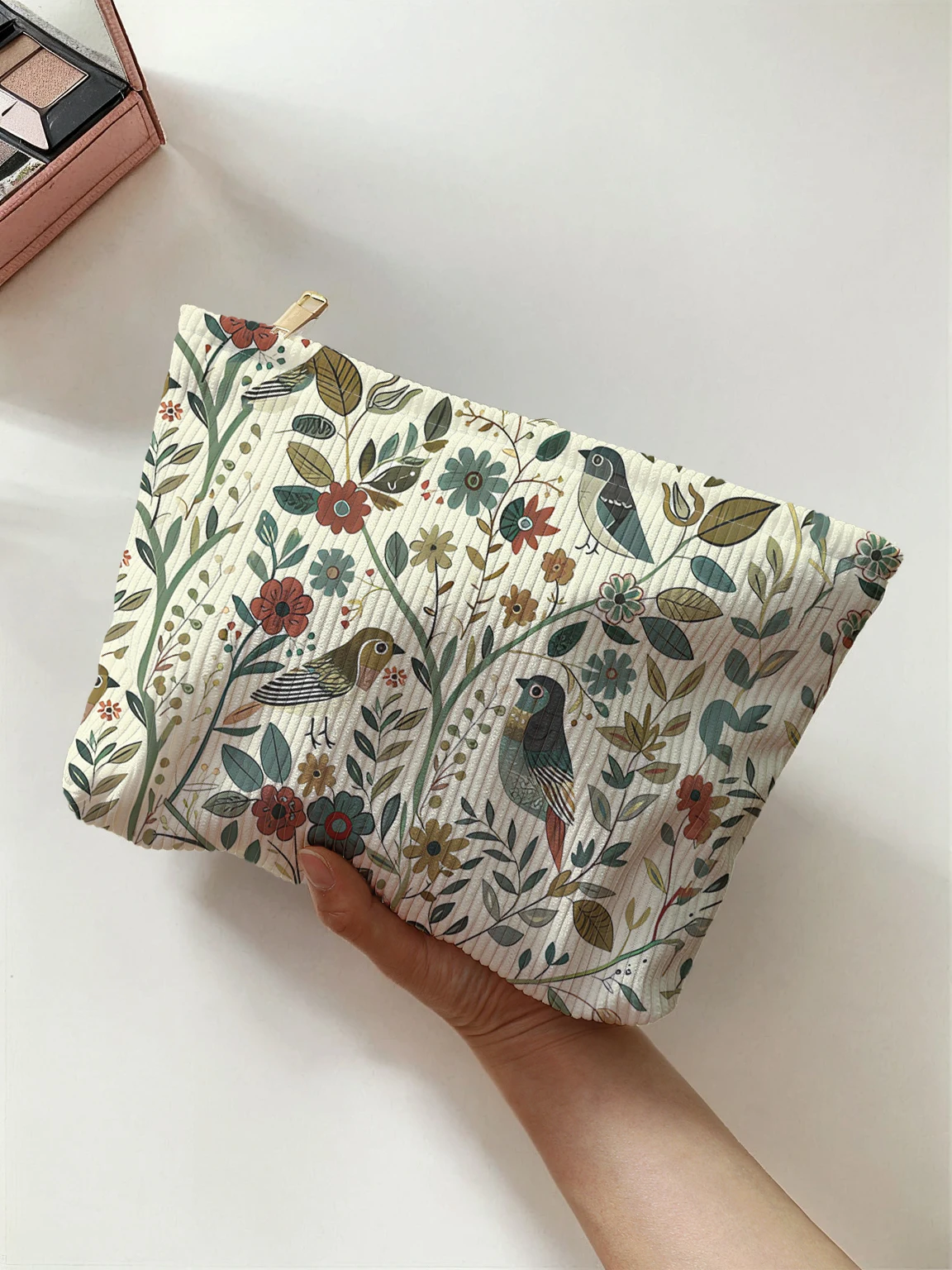 1pc, Branch Bird Pattern Corduroy Zipper Makeup Bag, Lightweight and Multifunctional Cosmetic Storage Bag