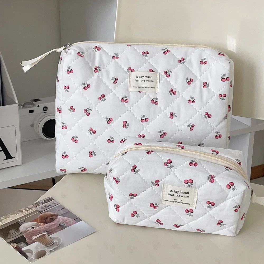 Wholesale Cherry Tote Women Makeup Bag Portable Cute Ladies Cosmetic Toiletry Storage Pouch Handbag Cotton Quilted Zipper Bag