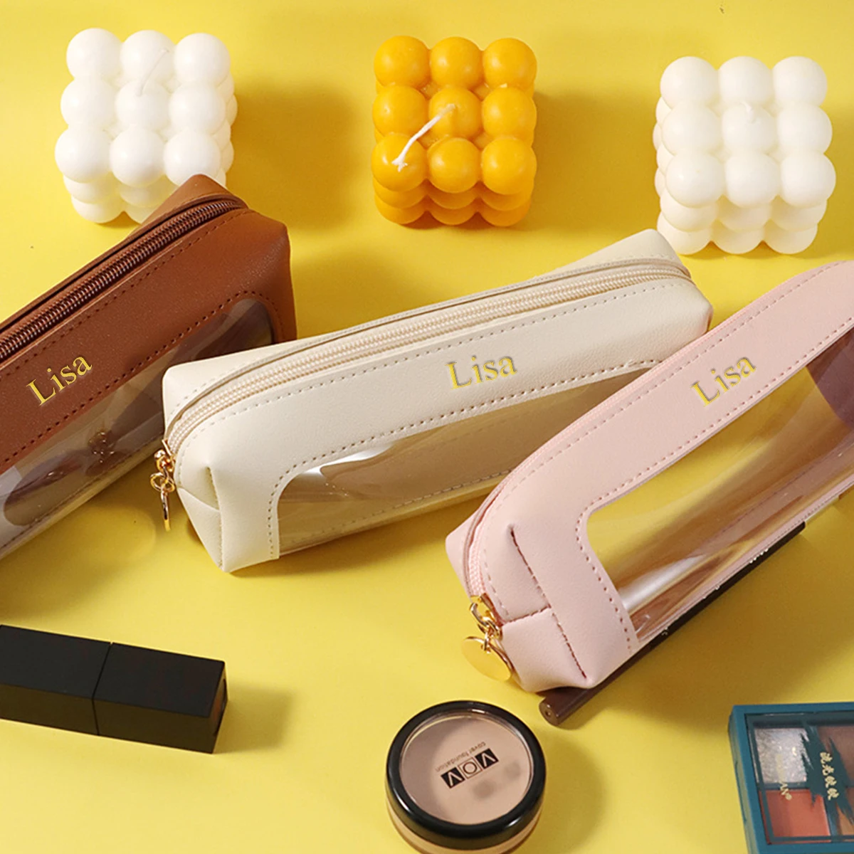 Customized letter pu leather pen case, pvc storage bag, portable transparent large-capacity stationery bag