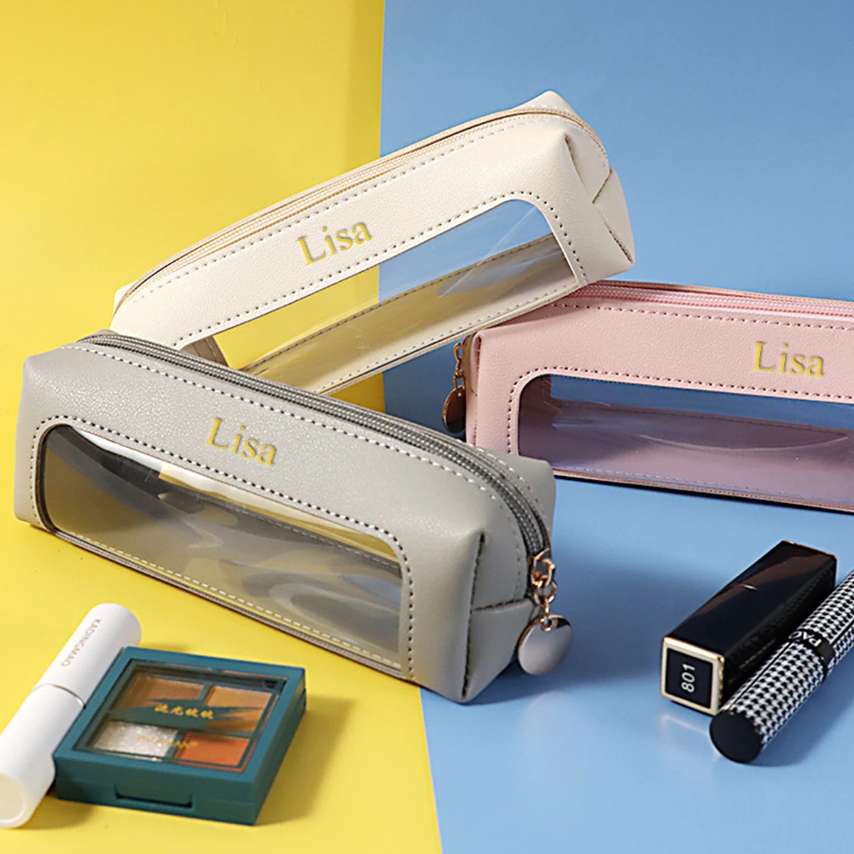 Customized letter pu leather pen case, pvc storage bag, portable transparent large-capacity stationery bag