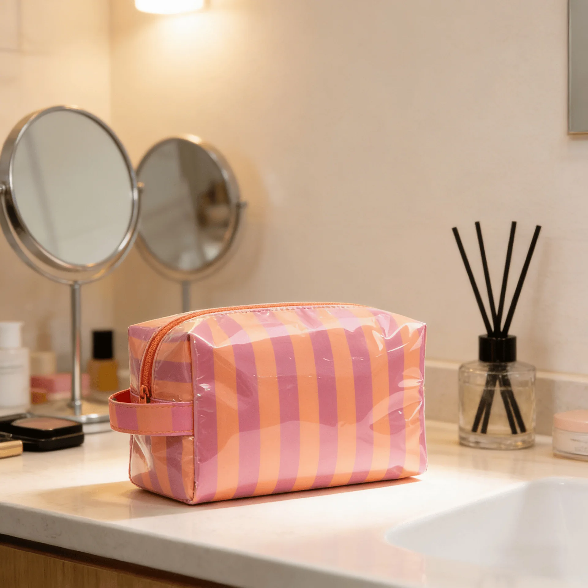 Stylish Pink Strip Makeup Bag Portable Travel Large Capacity Lipstick Storage Bag Handbag Cosmetic Bag Toiletry Bags Girls Gifts