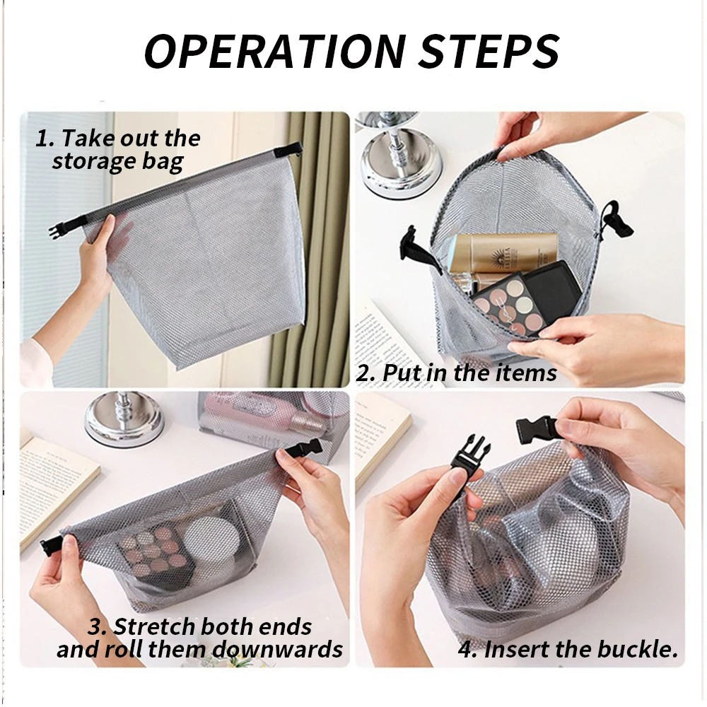 Waterproof Mesh Toiletry Bag, Drawstring Cosmetic Organizer with Quick-Release Buckle, Transparent Pouch for Travel, Gym, and Ba