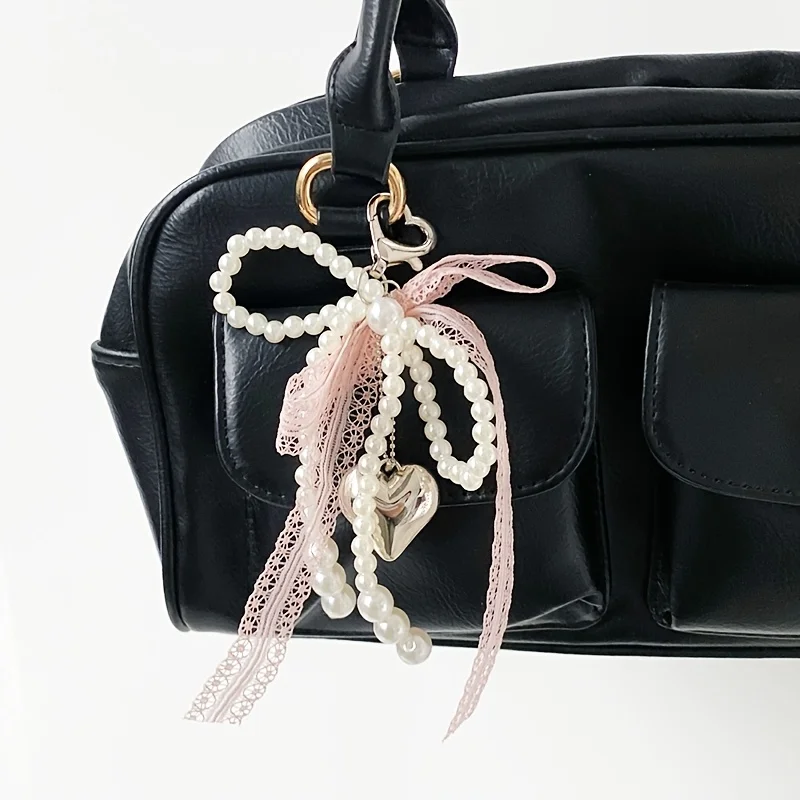 Lace Pearl Bow Keychain, Ladies Pearl Bow, Bag Pendant Keychain, Backpack Charm Keychain, Heart-Shaped Bag Pendant, Bead Keychain, Bow Pendant, Keychain Additions for Gifts, Wallets, Bags, Backpacks, Satchels