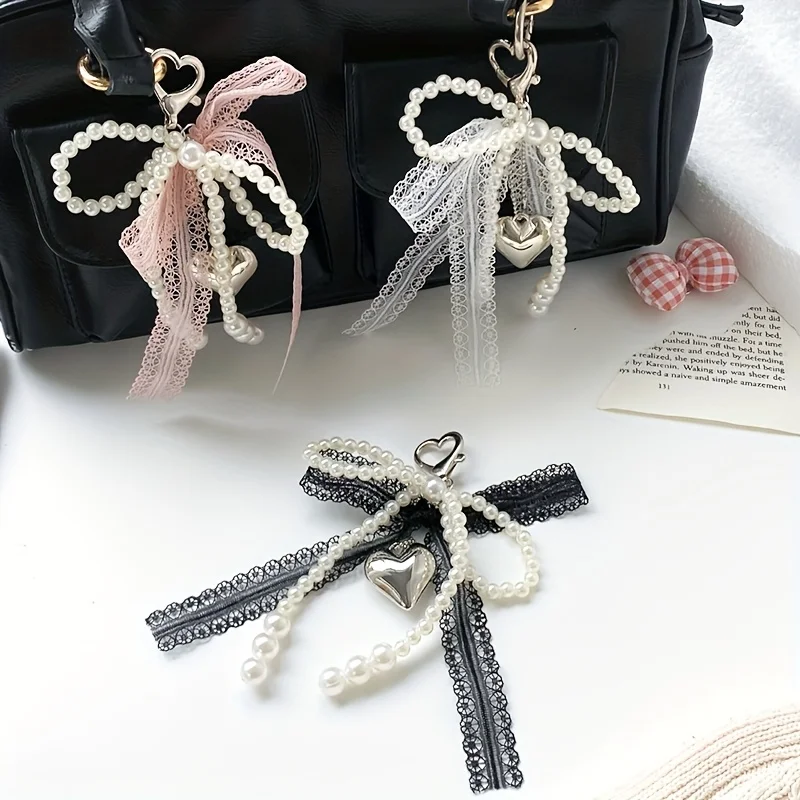 Lace Pearl Bow Keychain, Ladies Pearl Bow, Bag Pendant Keychain, Backpack Charm Keychain, Heart-Shaped Bag Pendant, Bead Keychain, Bow Pendant, Keychain Additions for Gifts, Wallets, Bags, Backpacks, Satchels