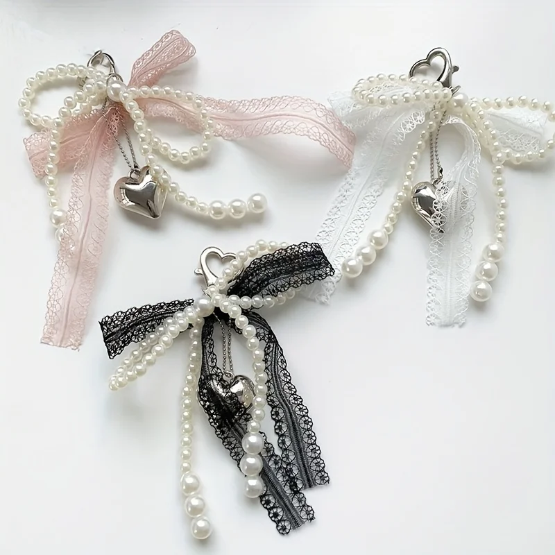Lace Pearl Bow Keychain, Ladies Pearl Bow, Bag Pendant Keychain, Backpack Charm Keychain, Heart-Shaped Bag Pendant, Bead Keychain, Bow Pendant, Keychain Additions for Gifts, Wallets, Bags, Backpacks, Satchels