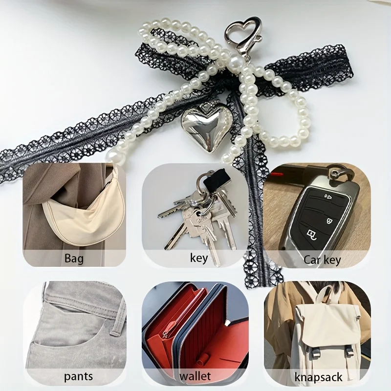 Lace Pearl Bow Keychain, Ladies Pearl Bow, Bag Pendant Keychain, Backpack Charm Keychain, Heart-Shaped Bag Pendant, Bead Keychain, Bow Pendant, Keychain Additions for Gifts, Wallets, Bags, Backpacks, Satchels