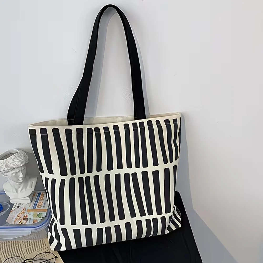 Canvas Striped Large-Capacity Shoulder Bag, Lightweight with Multiple Compartments, Zippered Closure, Can Be Used as a Laptop Bag, Shopping Bag, Travel Bag, Multifunctional and Casual