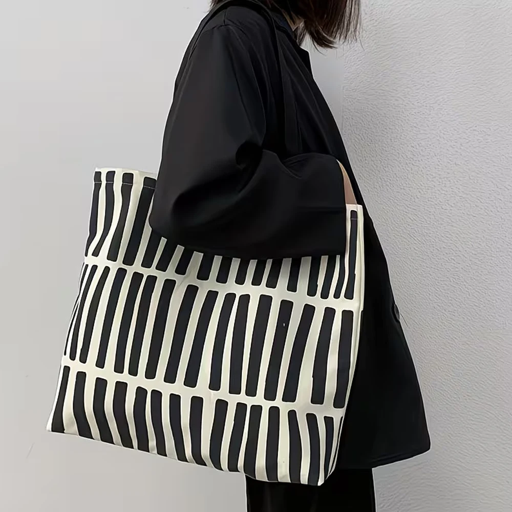 Canvas Striped Large-Capacity Shoulder Bag, Lightweight with Multiple Compartments, Zippered Closure, Can Be Used as a Laptop Bag, Shopping Bag, Travel Bag, Multifunctional and Casual