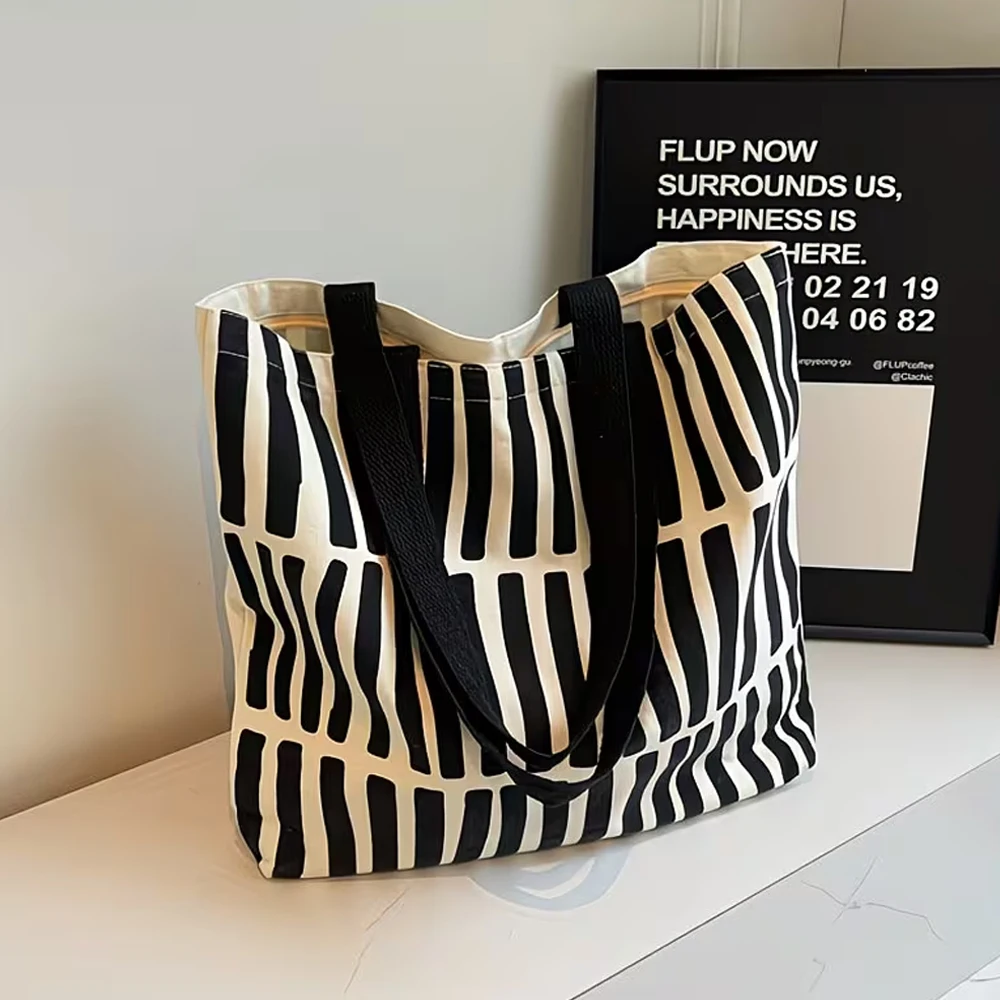 Canvas Striped Large-Capacity Shoulder Bag, Lightweight with Multiple Compartments, Zippered Closure, Can Be Used as a Laptop Bag, Shopping Bag, Travel Bag, Multifunctional and Casual