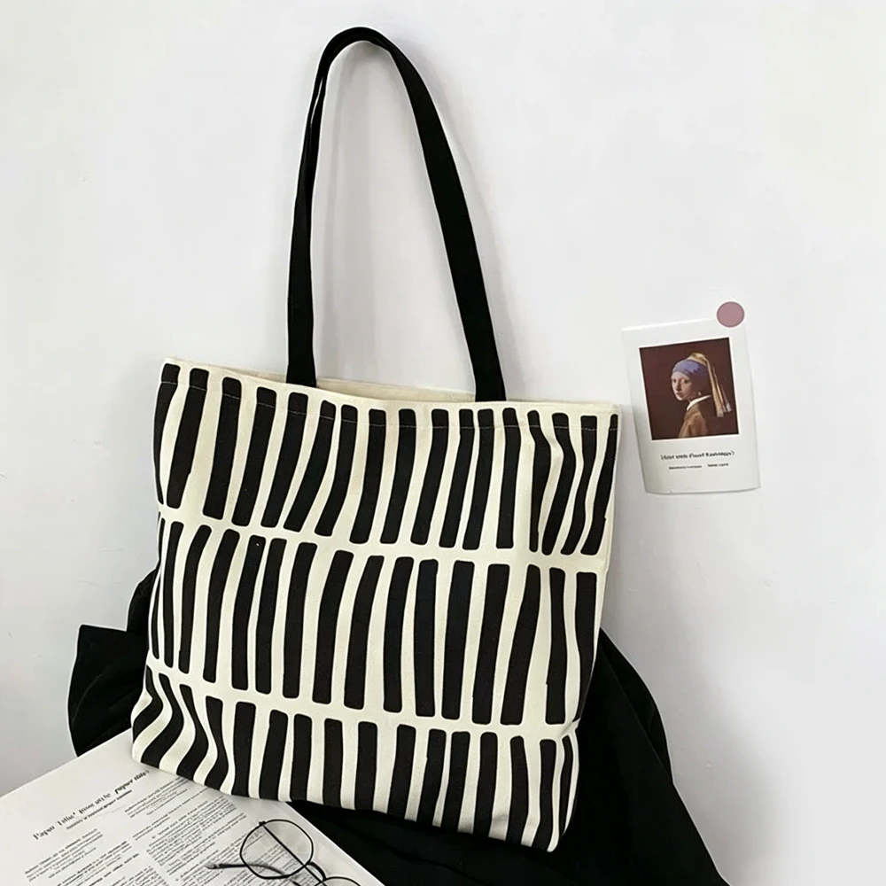 Canvas Striped Large-Capacity Shoulder Bag, Lightweight with Multiple Compartments, Zippered Closure, Can Be Used as a Laptop Bag, Shopping Bag, Travel Bag, Multifunctional and Casual