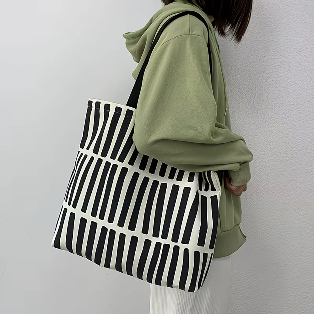 Canvas Striped Large-Capacity Shoulder Bag, Lightweight with Multiple Compartments, Zippered Closure, Can Be Used as a Laptop Bag, Shopping Bag, Travel Bag, Multifunctional and Casual