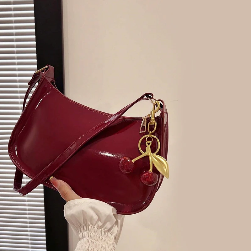 Vintage Retro Shoulder Bag for Women PU Leather Underarm Crossbody Ladies Casual Handbag Purse with Cherry Pendant