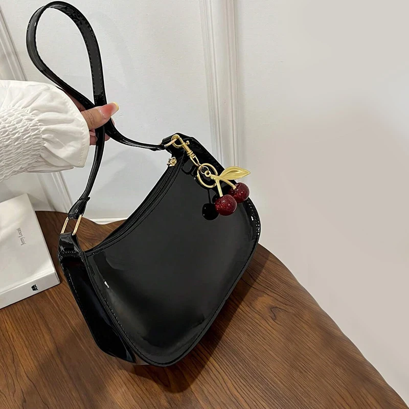 Vintage Retro Shoulder Bag for Women PU Leather Underarm Crossbody Ladies Casual Handbag Purse with Cherry Pendant