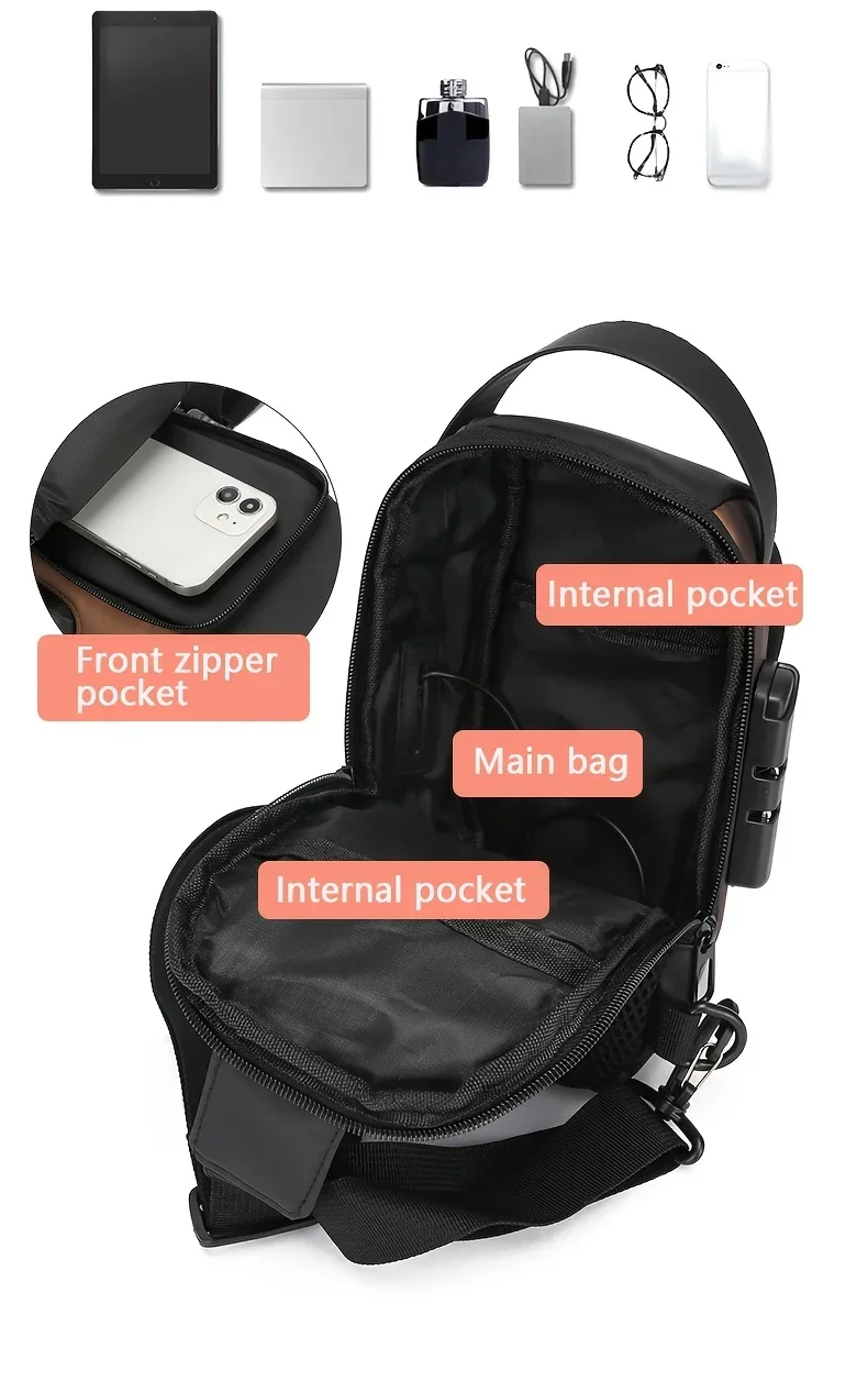 Durable Oxford Fabric Men's Sling Bag - Stylish Motorcycle Crossbody Chest Pack with Phone Pocket, Zip Closure for Daily Commute