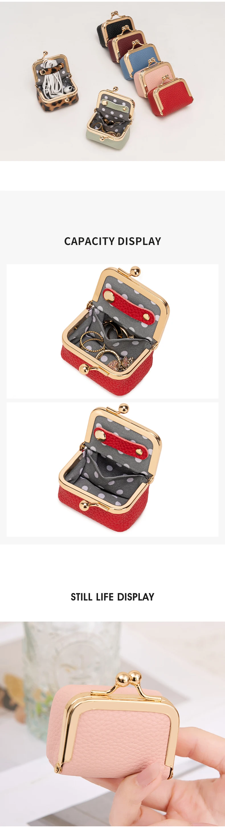 New Mini Women's Solid Color PU Leather Jewelry Box Can Store Rings Necklaces Earrings Portable Coin Purse With Kiss Clasp