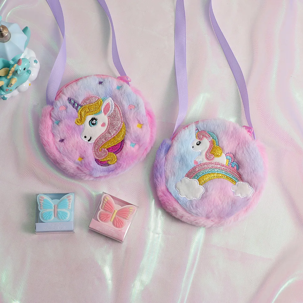 2 PC Cartoon Unicorn Crossbody Bag Children Cute PlushShoulder Bag Girls Small Backpack Suitable For School Holiday Gifts
