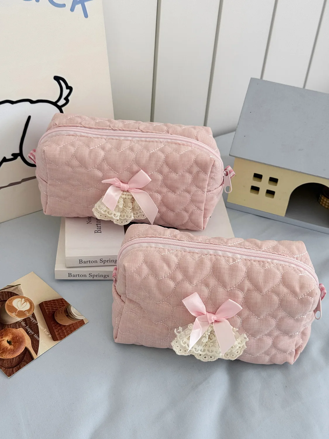 Pink Rose Sweetheart Cosmetic Storage Bag Aesthetic Cute Lace Trim Makeup Pouch Large Capacity Vintage Cosmetic Organizer Bags