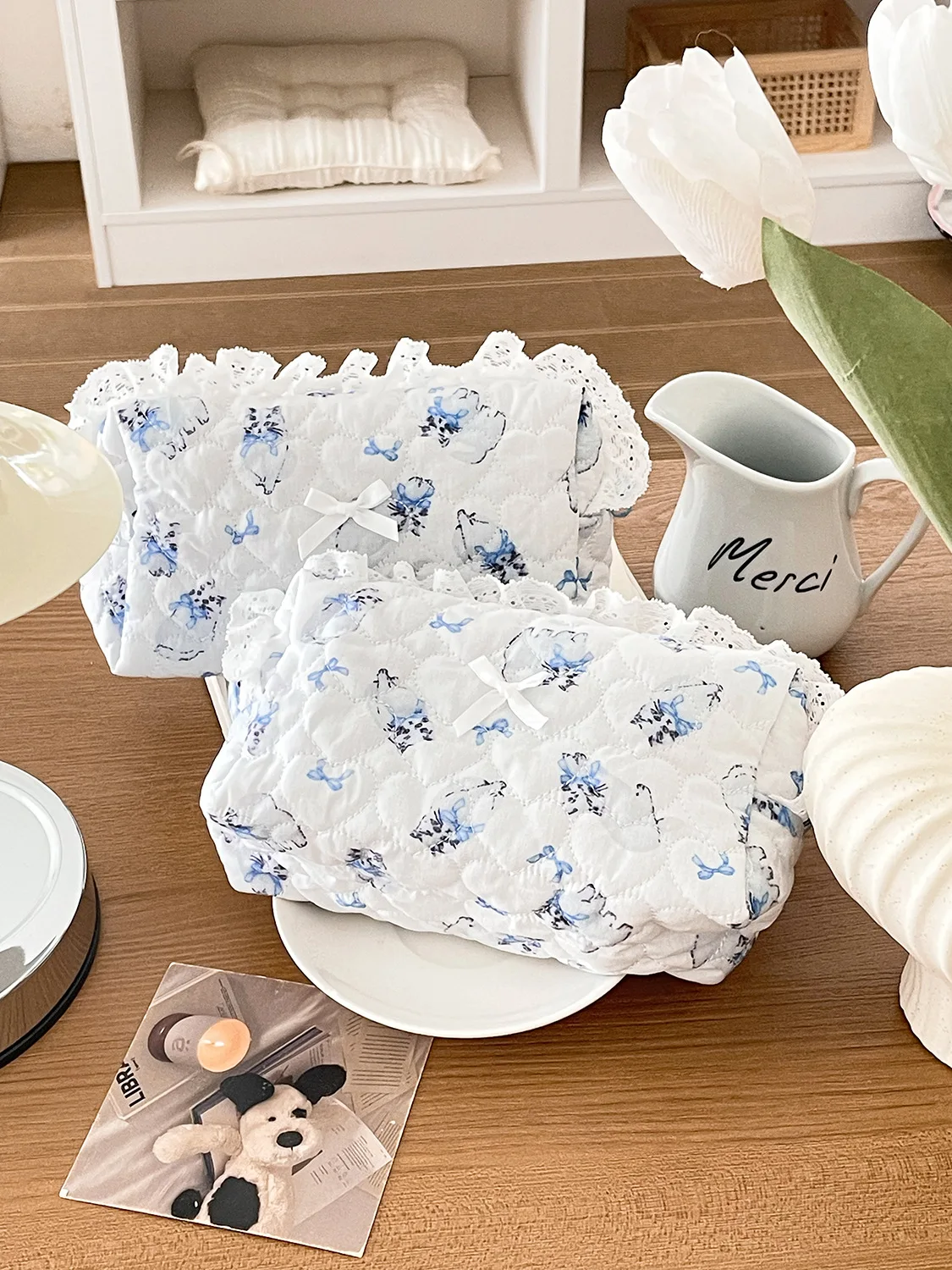 Pink Rose Sweetheart Cosmetic Storage Bag Aesthetic Cute Lace Trim Makeup Pouch Large Capacity Vintage Cosmetic Organizer Bags