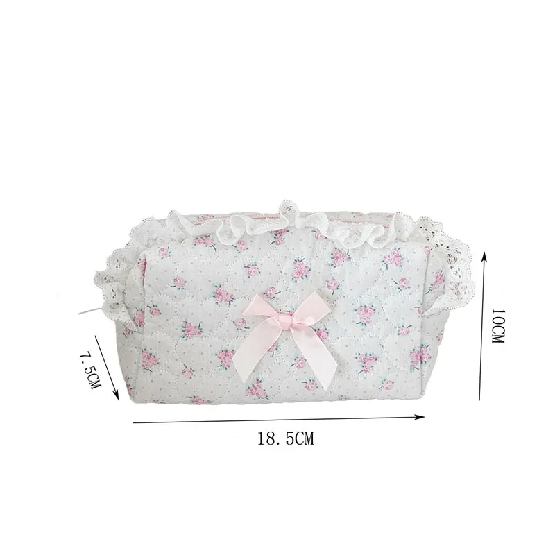 Pink Rose Sweetheart Cosmetic Storage Bag Aesthetic Cute Lace Trim Makeup Pouch Large Capacity Vintage Cosmetic Organizer Bags