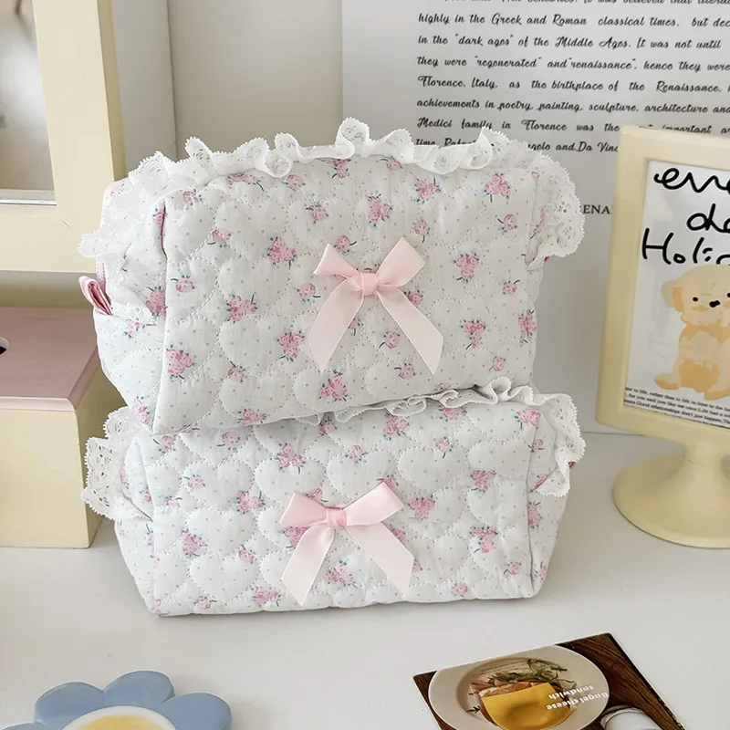 Pink Rose Sweetheart Cosmetic Storage Bag Aesthetic Cute Lace Trim Makeup Pouch Large Capacity Vintage Cosmetic Organizer Bags
