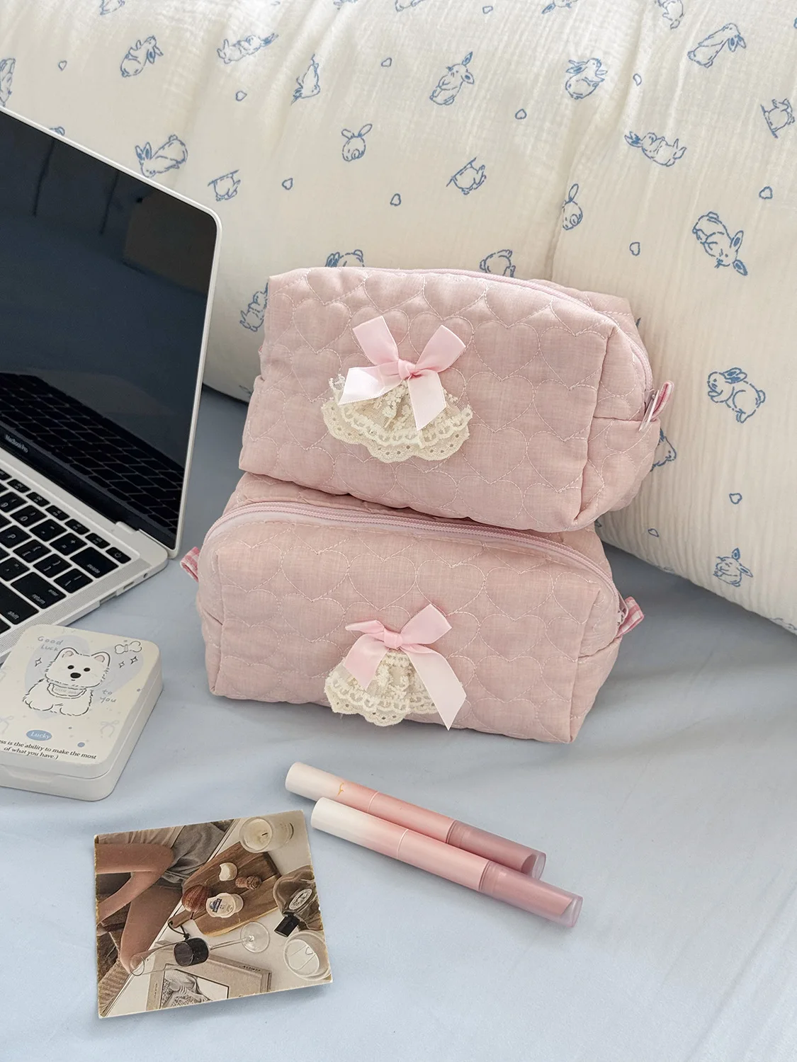 Pink Rose Sweetheart Cosmetic Storage Bag Aesthetic Cute Lace Trim Makeup Pouch Large Capacity Vintage Cosmetic Organizer Bags
