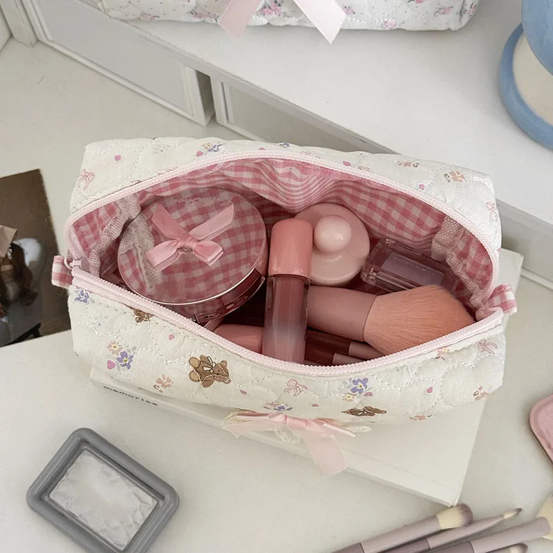 Pink Rose Sweetheart Cosmetic Storage Bag Aesthetic Cute Lace Trim Makeup Pouch Large Capacity Vintage Cosmetic Organizer Bags