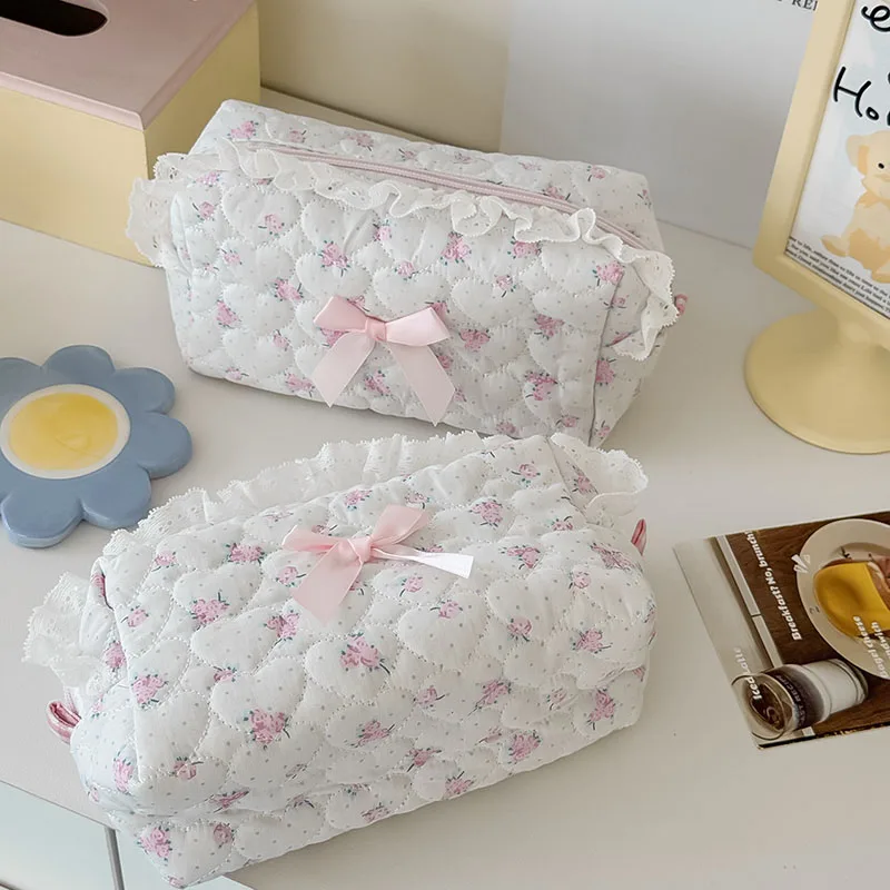 Pink Rose Sweetheart Cosmetic Storage Bag Aesthetic Cute Lace Trim Makeup Pouch Large Capacity Vintage Cosmetic Organizer Bags