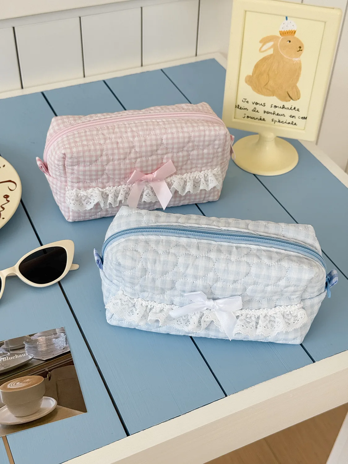 Pink Rose Sweetheart Cosmetic Storage Bag Aesthetic Cute Lace Trim Makeup Pouch Large Capacity Vintage Cosmetic Organizer Bags