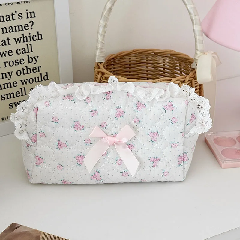Pink Rose Sweetheart Cosmetic Storage Bag Aesthetic Cute Lace Trim Makeup Pouch Large Capacity Vintage Cosmetic Organizer Bags