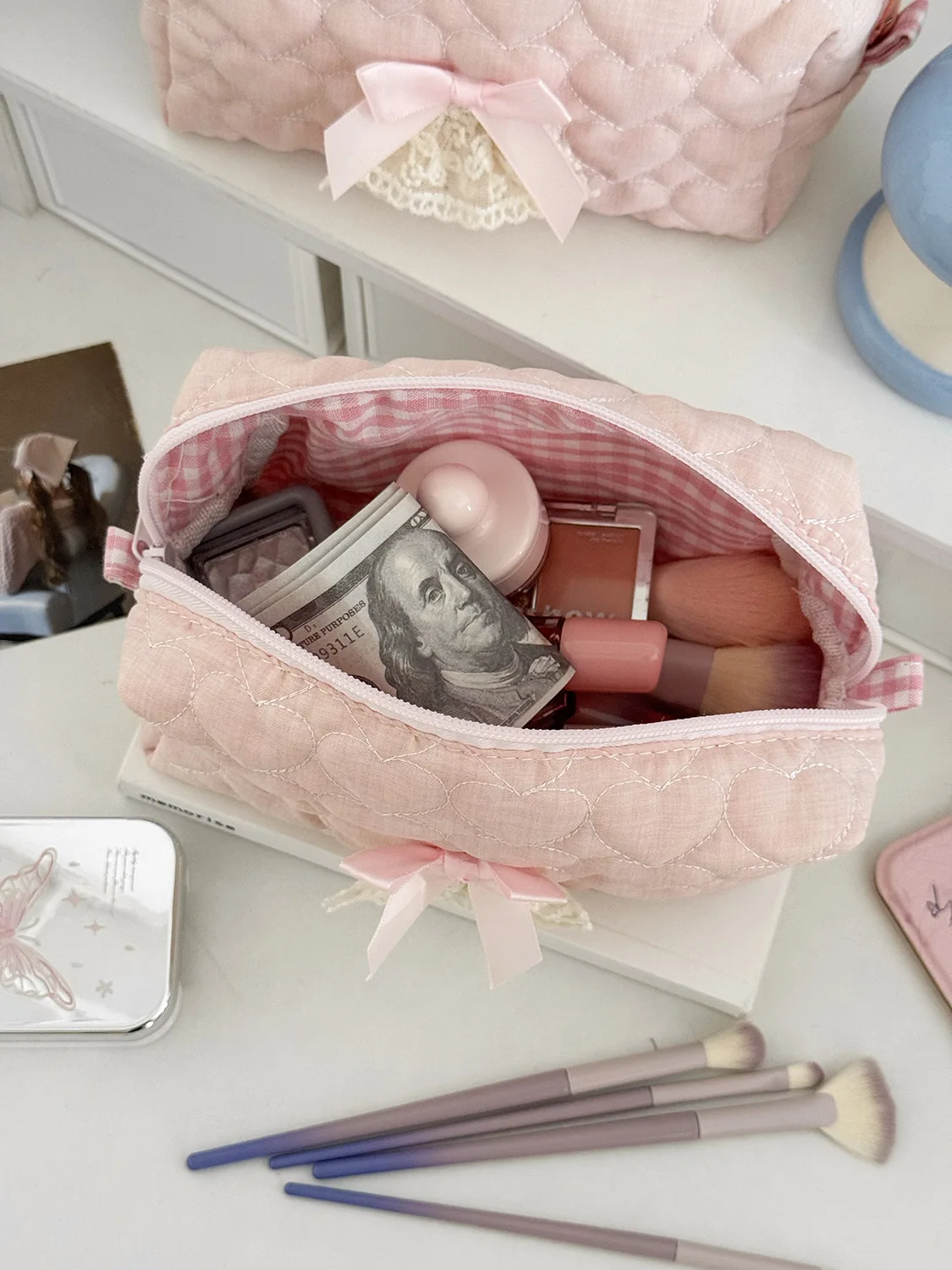 Pink Rose Sweetheart Cosmetic Storage Bag Aesthetic Cute Lace Trim Makeup Pouch Large Capacity Vintage Cosmetic Organizer Bags
