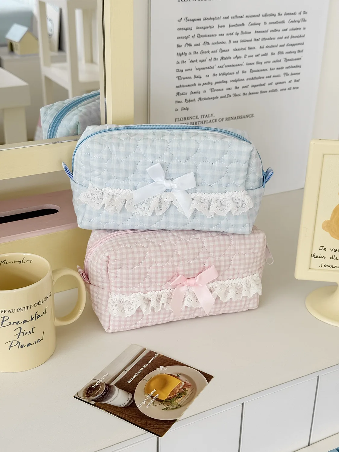 Pink Rose Sweetheart Cosmetic Storage Bag Aesthetic Cute Lace Trim Makeup Pouch Large Capacity Vintage Cosmetic Organizer Bags