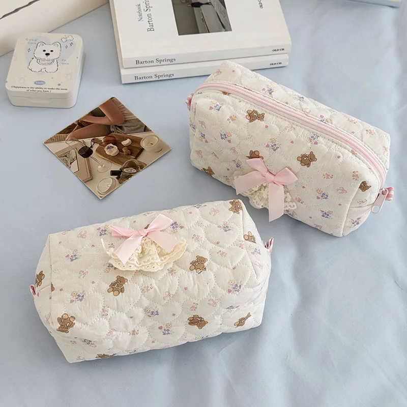 Pink Rose Sweetheart Cosmetic Storage Bag Aesthetic Cute Lace Trim Makeup Pouch Large Capacity Vintage Cosmetic Organizer Bags