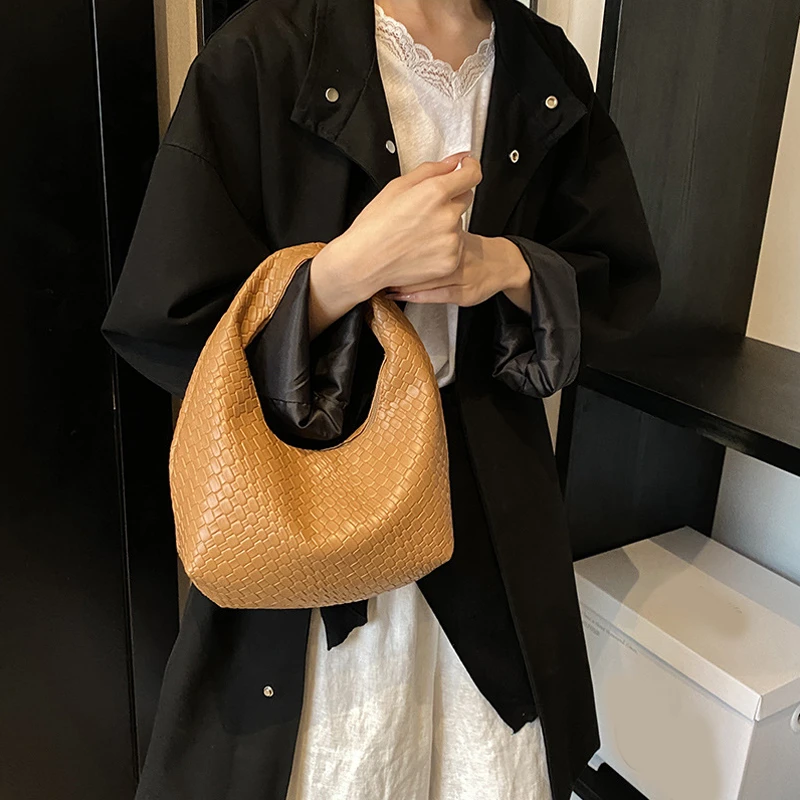 Women Classic Fashion Woven Embossed Hobo Soft PU Leather Small Top-handle Shoulder Bag Casual Daily Handbags