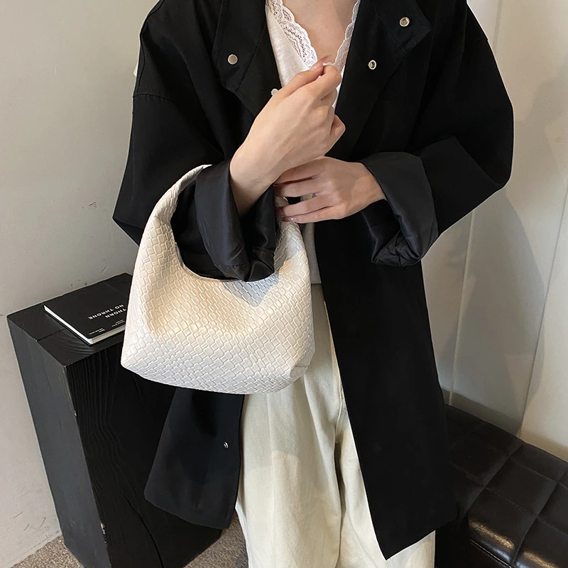 Women Classic Fashion Woven Embossed Hobo Soft PU Leather Small Top-handle Shoulder Bag Casual Daily Handbags