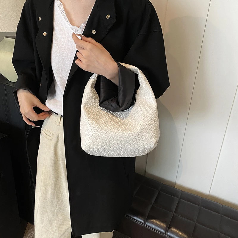 Women Classic Fashion Woven Embossed Hobo Soft PU Leather Small Top-handle Shoulder Bag Casual Daily Handbags