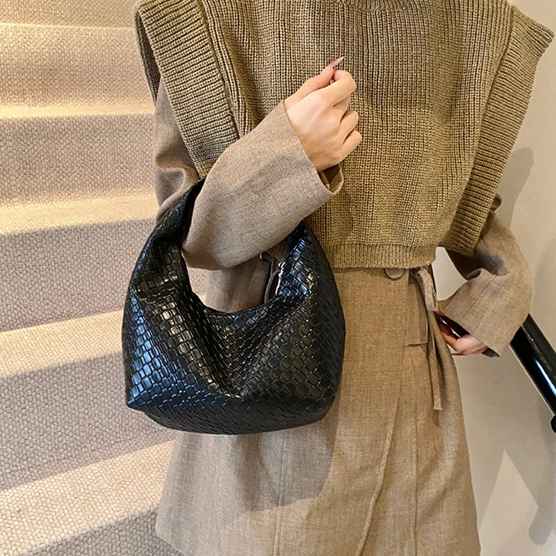 Women Classic Fashion Woven Embossed Hobo Soft PU Leather Small Top-handle Shoulder Bag Casual Daily Handbags