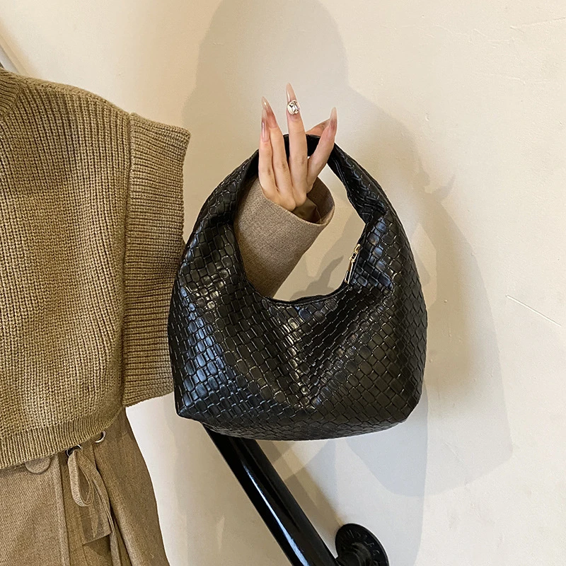 Women Classic Fashion Woven Embossed Hobo Soft PU Leather Small Top-handle Shoulder Bag Casual Daily Handbags