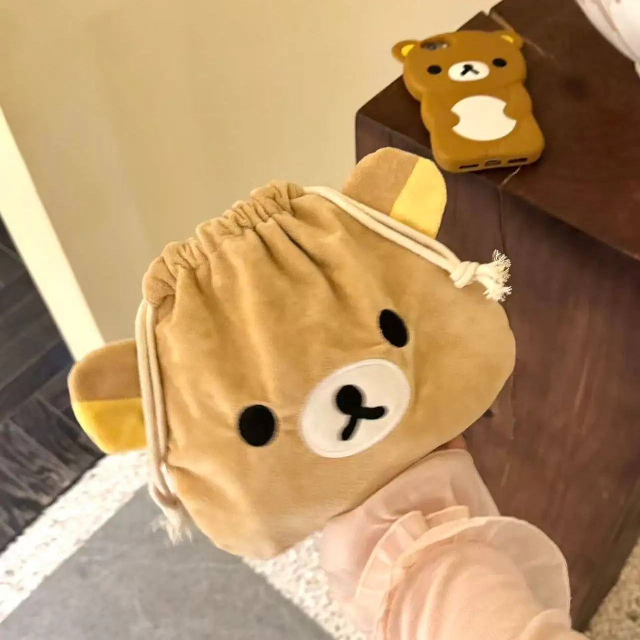 Cute Cartoon Bear Drawstring Bag Large Capacity Cosmetic Pouch Portable Storage Case for USB Cable Jewelry Makeup Brushes