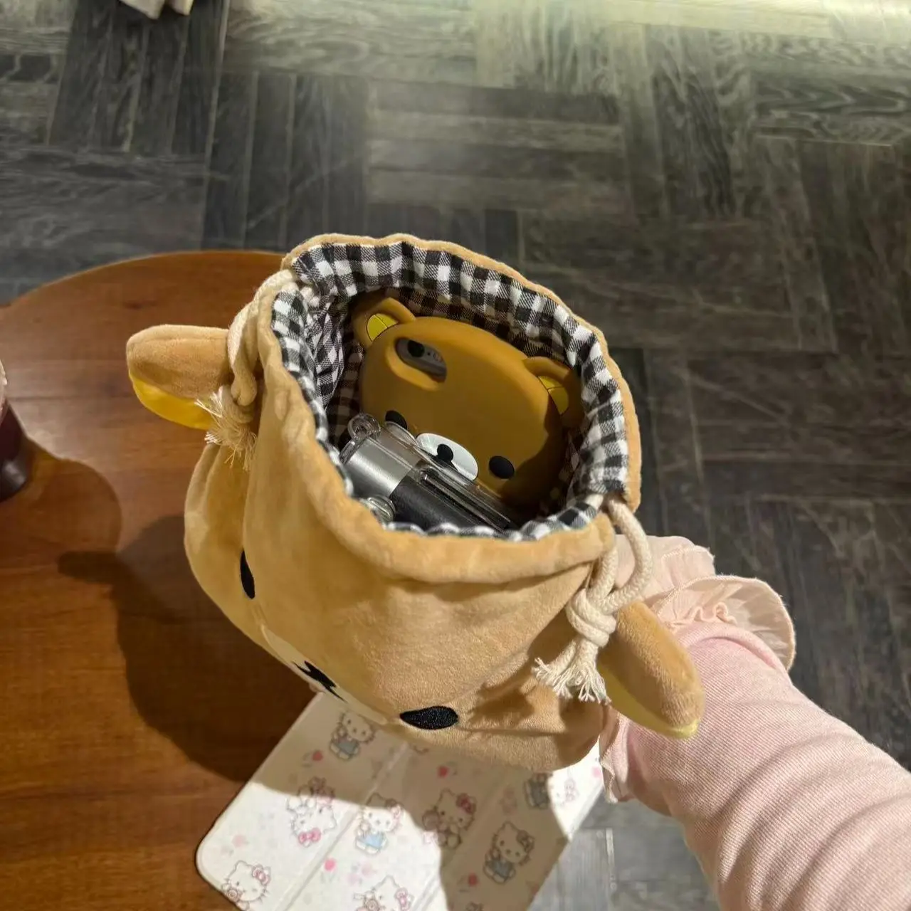 Cute Cartoon Bear Drawstring Bag Large Capacity Cosmetic Pouch Portable Storage Case for USB Cable Jewelry Makeup Brushes
