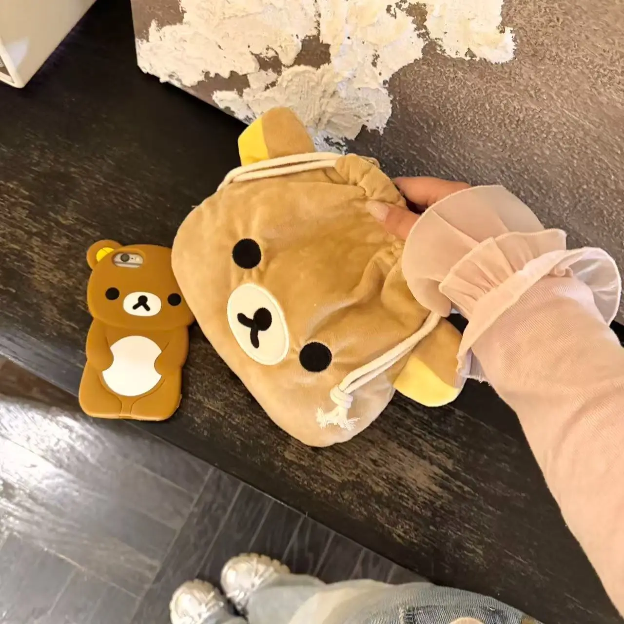 Cute Cartoon Bear Drawstring Bag Large Capacity Cosmetic Pouch Portable Storage Case for USB Cable Jewelry Makeup Brushes