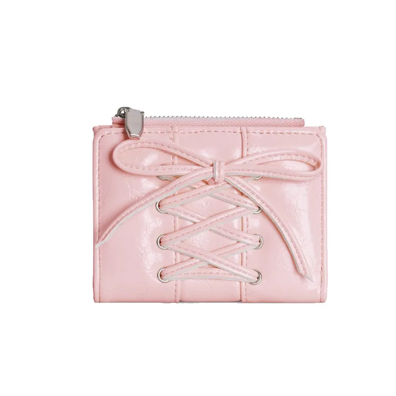 Women's Bow Lace Up Wallet Ultra Thin Multi Card Slot Zipper Coin Purse Portable Cute Small Card Holder