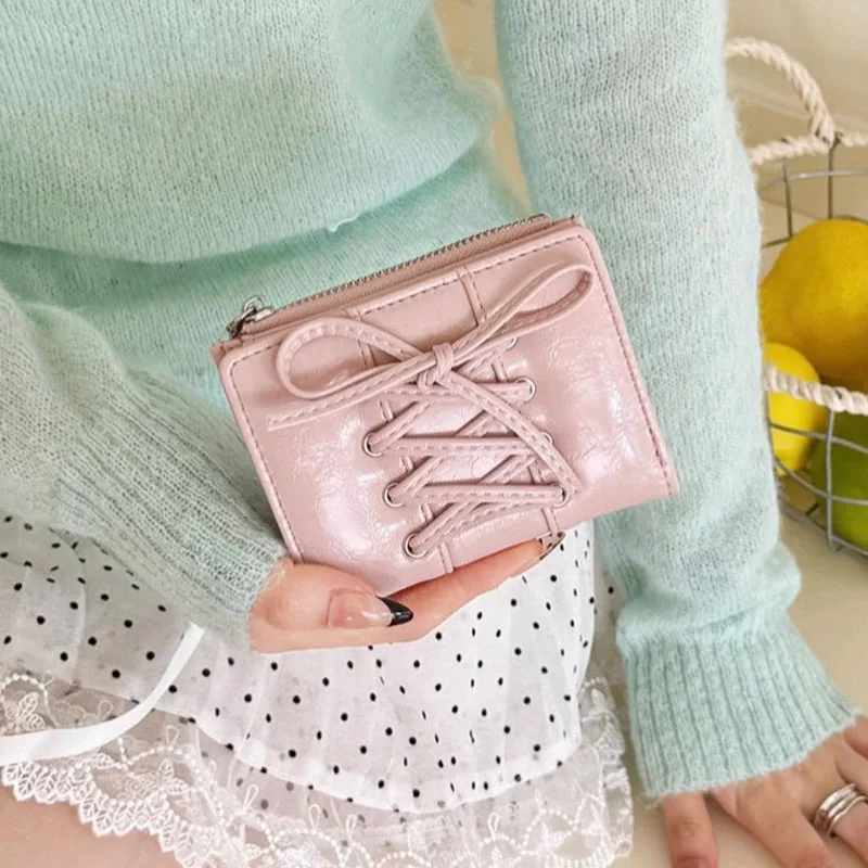 Women's Bow Lace Up Wallet Ultra Thin Multi Card Slot Zipper Coin Purse Portable Cute Small Card Holder