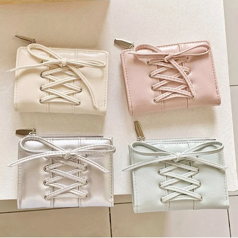 Women's Bow Lace Up Wallet Ultra Thin Multi Card Slot Zipper Coin Purse Portable Cute Small Card Holder