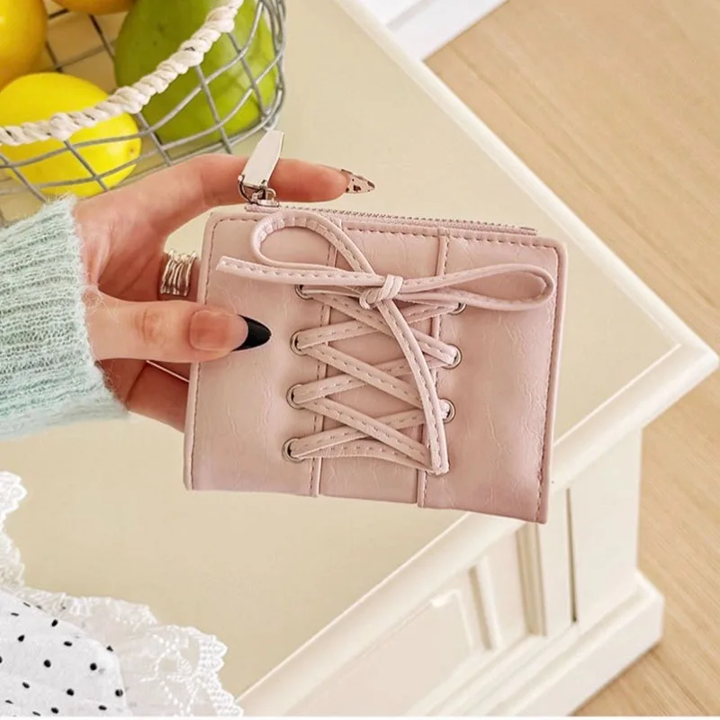 Women's Bow Lace Up Wallet Ultra Thin Multi Card Slot Zipper Coin Purse Portable Cute Small Card Holder