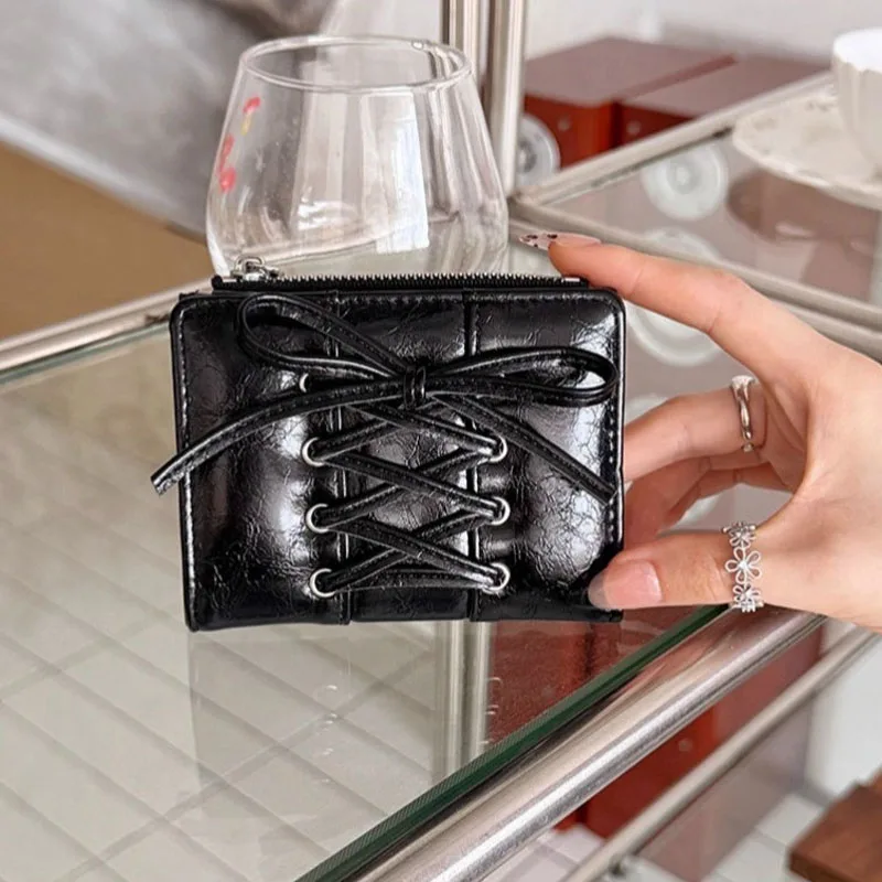 Women's Bow Lace Up Wallet Ultra Thin Multi Card Slot Zipper Coin Purse Portable Cute Small Card Holder