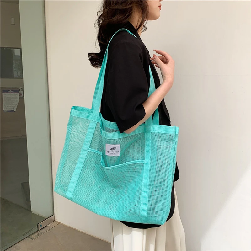 Women Transparent Mesh Shoulder Bag Fashionable Portable Shopping Travel Beach Mesh Net Tote Handbag